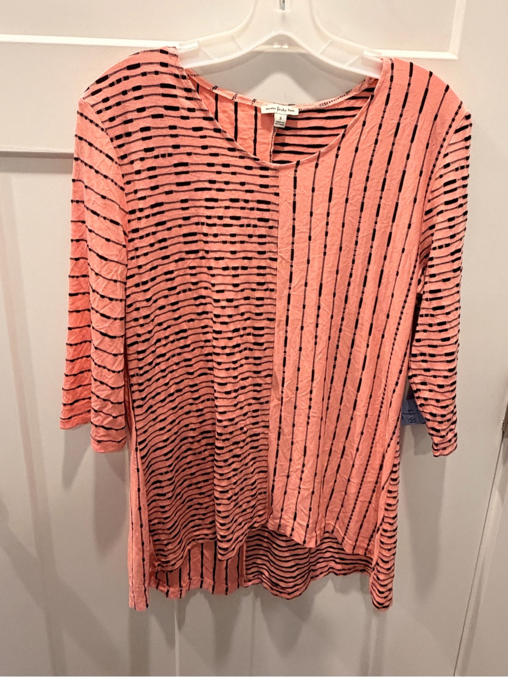 Seven Forty Two Tunic Top Small Coral Black Striped Asymmetrical Sharkbite
